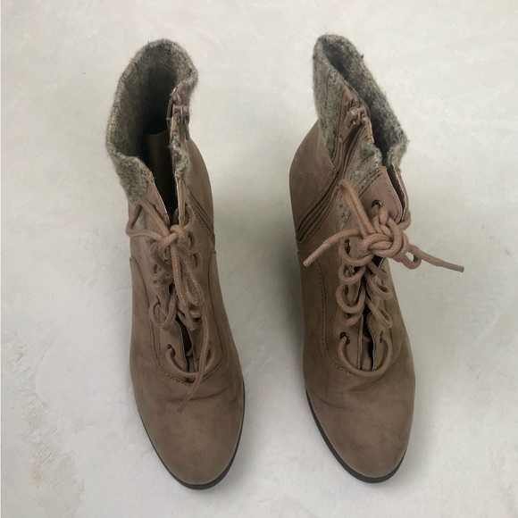 So Wedge Booties Tan Lace Up Zip Up Tweed Sz. 8 - Picture 2 of 11